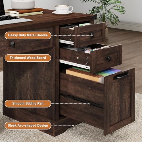 Squireewo 58'' Farmhouse Home Office Desk with Drawers, Wooden Executive Desk with Charging Station, File Drawers and Storage Cabinet, Computer Desk for Work, Study and Writing, Brown - Image 3