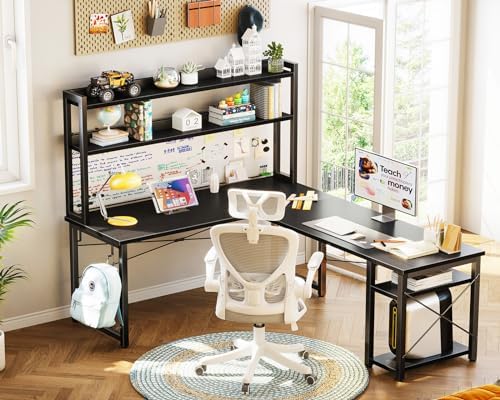 ODK L Shaped Gaming Desk with Hutch, Computer Desk with Storage Shelves, 66" L Shaped Desk for Home Office, Corner Desk with Headphone Hook, Black - Image 5
