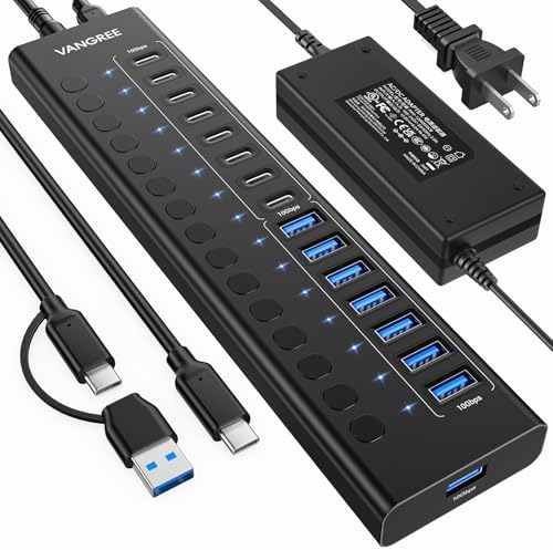 VANGREE Powered USB Hub,16 Ports 10Gbps USB C Hub, 8*USB-A 3.2+8*USB-C 3.2 by VANGREE