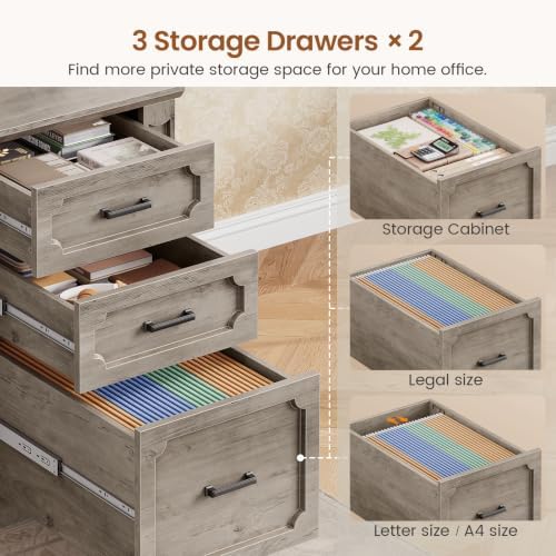 SEDETA Farmhouse 110.3" Two Person Desk with 7 Drawers, Long Computer Desk with Storage Cabinet, 2 Person Desk with Power Outlets for Home Office, Gray - Image 6