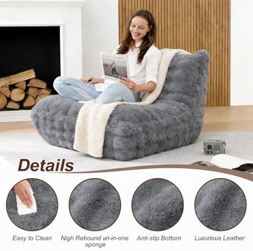 Bean Bag Chairs with Filler Faux Fur Fireside (Light Grey) - Image 4