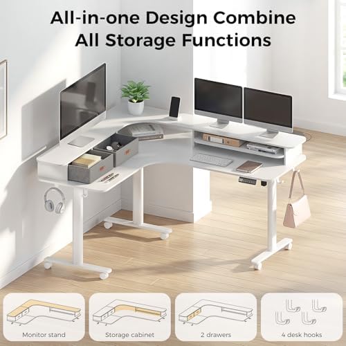 2-Tier L Shaped Electric Standing Desk with Drawers, 63 x 55 Height Adjustable Desk with Memory Controller, Storage, Ergonomic Corner Desk Sit Stand up Computer Table for Home Office, White - Image 4