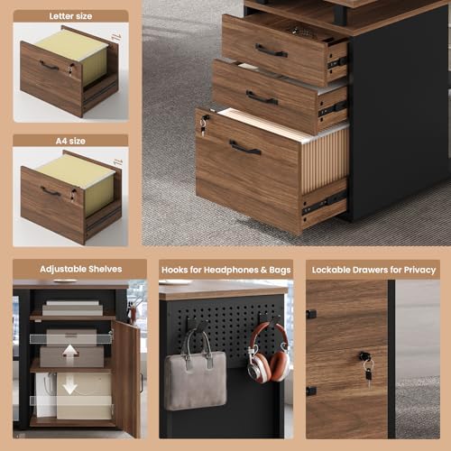 78" Executive Desk with Lockable File Cabinet, L Shaped Office Desk with Power Outlets, Large Executive Desk with Drawers and Storage Shelves , Reversible Computer Desk with Privacy Screen, Walnut - Image 3