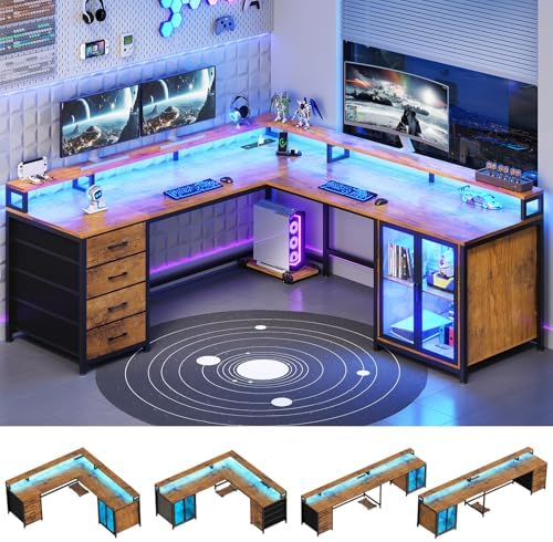 SEDETA L Shaped Gaming Desk with 4 Drawers, 109” Computer Desk with Display Cabinet, Home Office Desks with 2 Monitor Stands, CPU Stand, LED Lights and Power Outlet, Rustic Brown by SEDETA