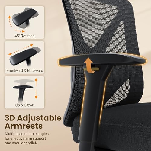 Ergonomic Office Chair, Mesh Computer Desk Chairs with BIFMA X5.1 Certified, Adjustable Lumbar Support, 3D Arm, Tilt Back, Wide Seat, Comfy Swivel Work Task Chair for Company and Home (Onyx Black) - Image 6