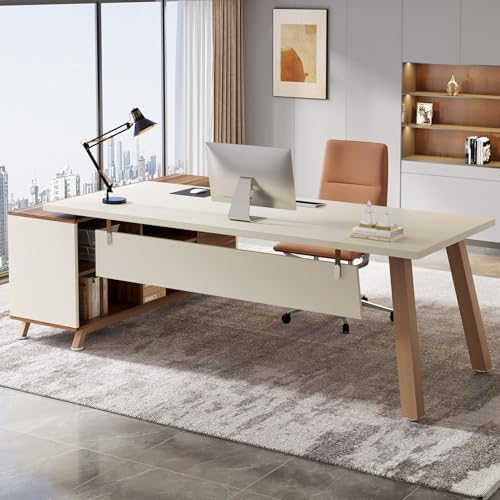 Tribesigns 78.7-Inch Executive Desk, L-Shaped Desk with 55-Inch Cabinet, Large Office Desk with Storage Shelves, Modern Computer Desk for Home Office, White & Walnut - Image 4