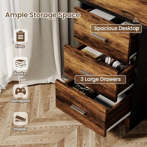 MaverickFurni 47 Inch Computer Desk with 3 Drawers and Shelves, Brown - Image 5