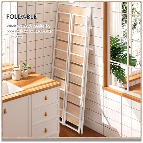 4NM No Assembly 6 Tier Folding Bookshelf Tall Storage Shelves Vintage Bookcase Standing Racks Study Organizer Home Office - Image 4