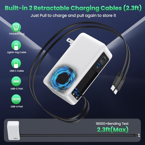 120W USB C Charger Block with 2 Built-in Retractable Cables,4-in-1 GaN IV Foldable Plug Wall Charger Fast Charging Station,PD 65W Laptop Adapter for MacBook/iPad,iPhone 17/16/15/14,Galaxy,Android etc - Image 2