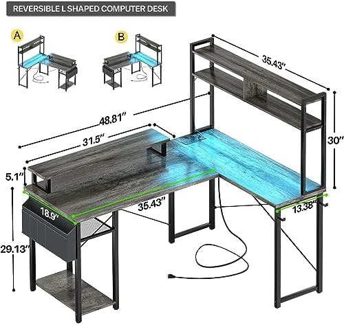 Aheaplus Small L Shaped Desk Gaming Desk with LED Lights & Power Outlets - Image 2
