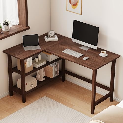 IOTXY 45" Reversible L-Shaped Office Desk with Storage Shelves, Walnut by IOTXY