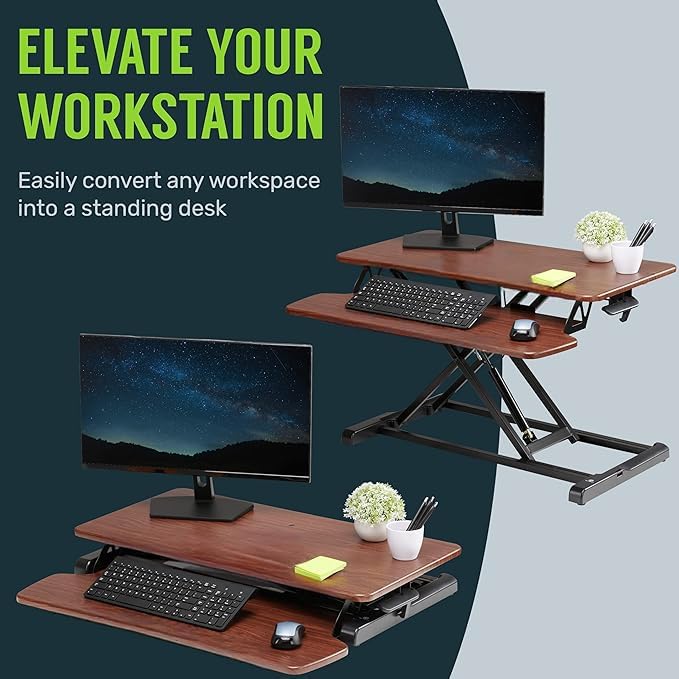 TechOrbits Standing Desk Converter - 42 Inch Adjustable Sit to Stand Up Desk Workstation, MDF Wood, Ergonomic Desk Riser with Keyboard Tray, Desktop Riser for Home Office Computer Laptop, Black 42" - Image 3