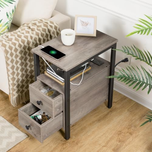 HOOBRO Set of 2 End Tables with Charging Station, Narrow Side Table with Drawers & USB Port & Power Outlets, Nightstand for Small Spaces, Living Room, Stable, Greige and Black BG541BZP201 - Image 4