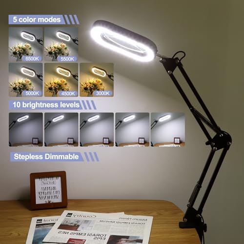12X Square Magnifying Glass with Light and Stand, Real Glass LED Lighted Magnifier and Phone Holder, 5 Color Modes Stepless Dimmable, Hands-Free Desk Lamp for Craft Hobby Close Work Black and Holder - Image 3