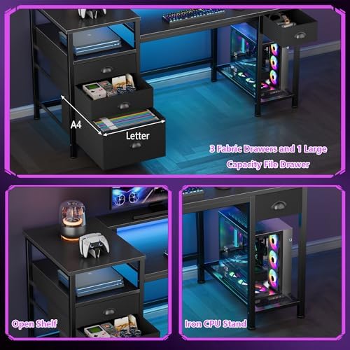 Furologee 52" Gaming Desk with 4 Drawers & LED Lights, Power Outlet, Black - Image 4