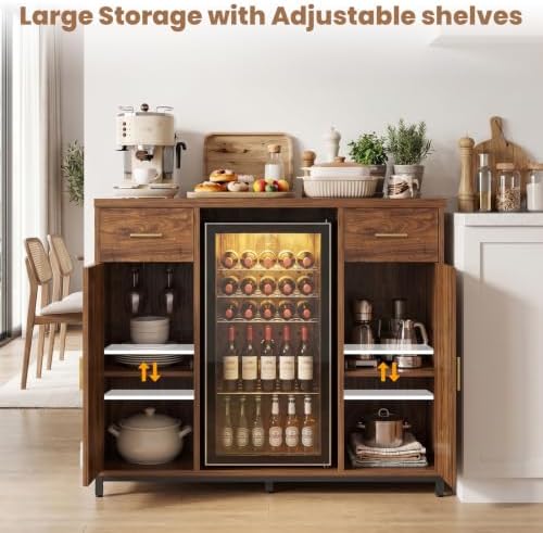 Unikito Coffee Bar Cabinet with Mini Fridge Space & Power Outlet, Walnut - Image 7