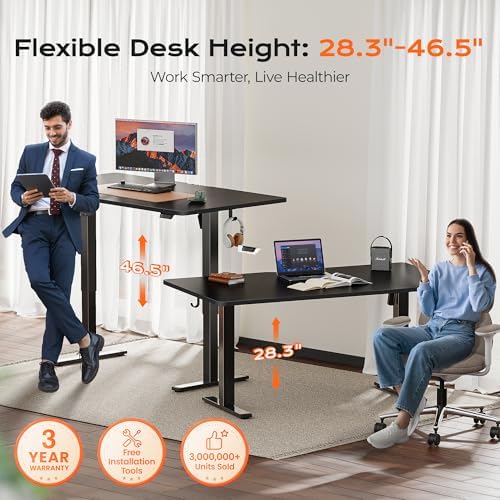 Huuger 63 x 28 Large Electric Standing Desk, Height Adjustable Computer Desk, 27.6" Deep Desktop, Stand up Gaming Office Table with 2 Hooks, 3 Preset Heights, for Home Office, Black - Image 3