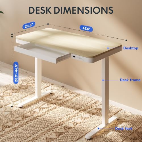 FLEXISPOT Comhar 48" Electric Standing Desk with Storage, Built-in Drawer & USB Charging Ports, Height Adjustable Sit Stand Computer Desk, Quick Assembly, Child Lock, Light Maple Finish/White Legs - Image 3