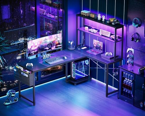AODK L Shaped Desk Gaming Desk with LED Light & Power Outlet - Image 2