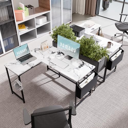 Pamray 47 Inch Reversible L Shaped Gaming Desk Corner Computer Desk with Storage Bag Home Office Table for Writing Study Marble - Image 2