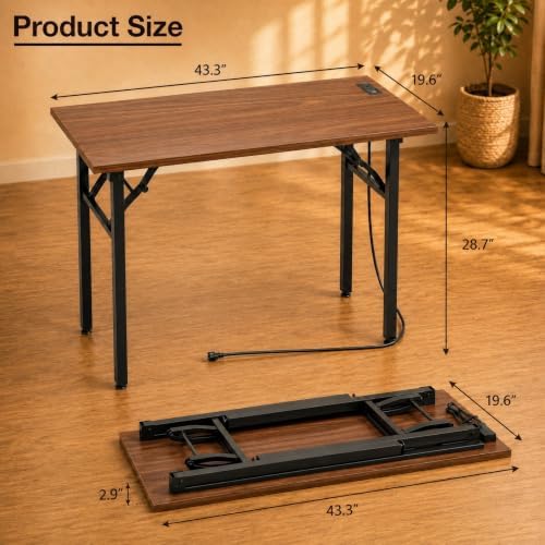 Folding Table Computer Desk - 43.3" No Assembly Folding Desk with Power Outlets & USB Charging Port, Small Desk, Foldable Office Desk, Compact Storage Portable Use for Small Space, Dark Walnut - Image 3
