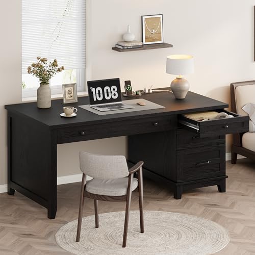 Garvee 53.5" Wooden Home Office Desk with File Drawers, Executive Desk with Power Outlet, Farmhouse Wood Desk with Storage, Distressed Study and Work Table, Rustic Black by Garvee