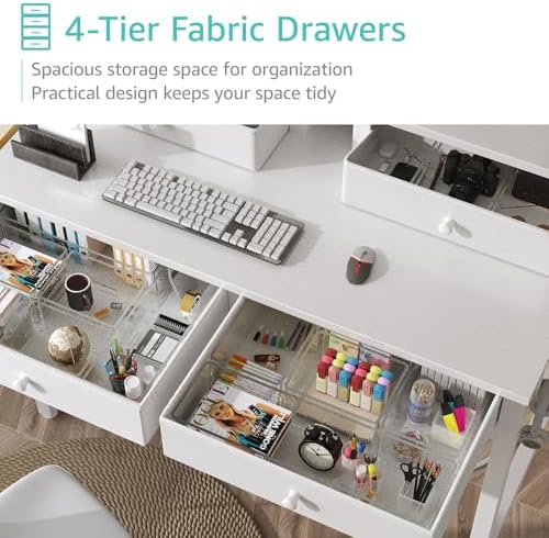 Lufeiya Small White Kids Desk with Fabric Drawers for Bedroom, 32 inch Vanity Makeup Desk with Drawers Storage for Home Office, Writing Study Table with Power Outlet & Monitor Stand, White - Image 5