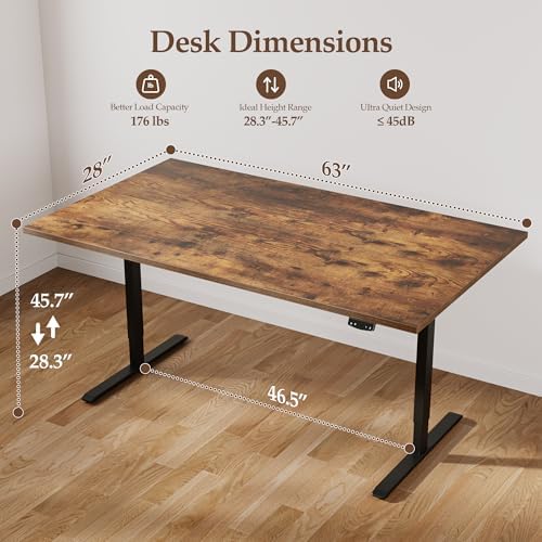 Klicelor 63 x 28 Electric Standing Desk, Sit Stand Up Home Office Desk, Height Adjustable Deep Cumputer Table with Memory Presets and Hooks, Two Pieces, Rustic Brown - Image 3