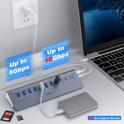 Powered USB Hub 10Gbps, Intpw YH9AC Plus 13-Port USB 3.2 Hub(USB A+USB C 3.2+6 USB-A 3.0+2 PD 45W Fast Charging Port+SD/TF Card Reader), 65W Power Adapter,Aluminum USB HUB for PC,Laptop,iPhone 17/16 - Image 3