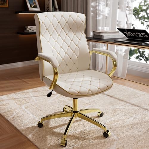 HomeZeer White and Gold Office Chair, Luxury Leather Executive Desk Chair by Homezeer