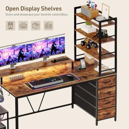 RALGEND Gaming Desk with Shelves and Storage, Computer Desk, Rustic Brown - Image 4
