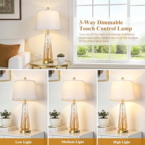 Glass Table Lamps Set of 2, Modern Bedside Lamps for Bedrooms with 3-Way Dimmable Touch Control Nightstand Lamp with White Lampshade USB A+C Ports, 27.5" Large Lamps for Living Room Decor, Champagne - Image 2