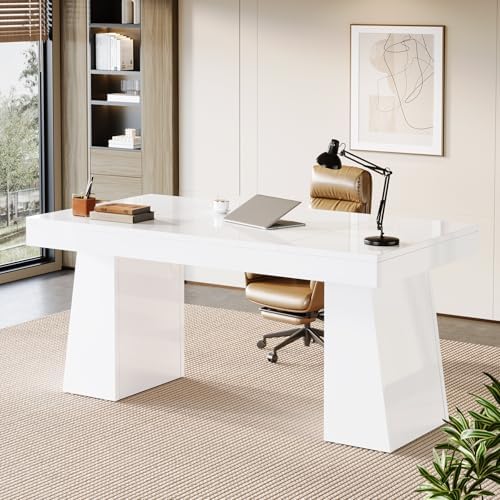 Tribesigns 55-Inch Executive Desk, Large Wood Office Computer Desk with Double Pedestal, Modern Minimalist Workstations Writing Table Conference Table Furniture for Home Office, White by Tribesigns