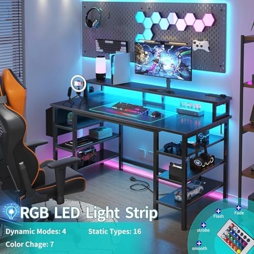 Lufeiya Gaming Desk with LED Lights and Storage Shelves, 47 inch Computer Desk with Power Outlets, Home Office Desk with Monitor Stand, Writing Table PC Desks, Black - Image 4