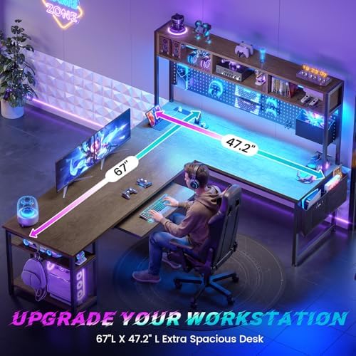 SEDETA L Shaped Gaming Desk with LED Lights and Pegboard for Home Office - Image 6