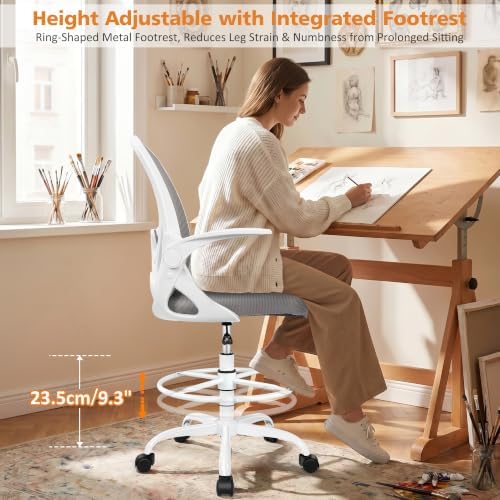 Drafting Chair Tall Office Chair with Flip-up Armrests, Adjustable Height, and Enhanced Lumbar Support - Ergonomic Rolling Stool, Back Support, and Adjustable Foot Rest Ring for Standing Desk Gray - Image 5