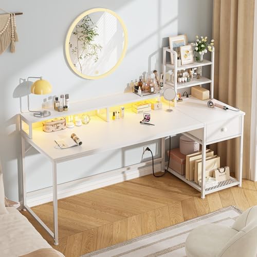 EnHomee 55" Reversible White Computer Desk with Hutch, USB & LED - Image 2