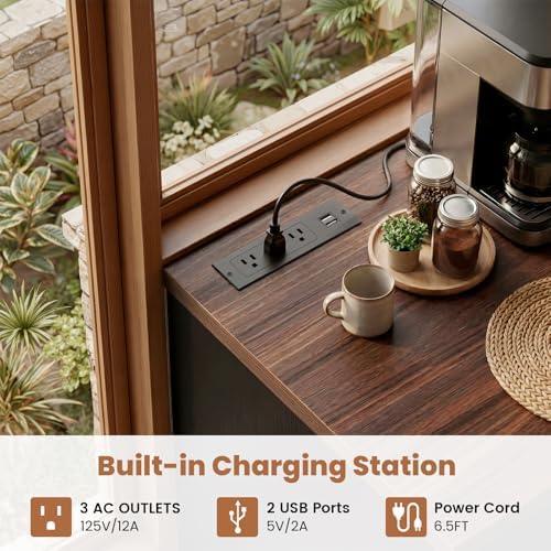 Unikito Coffee Bar Cabinet with Mini Fridge Space & Power Outlet, Black - Image 5