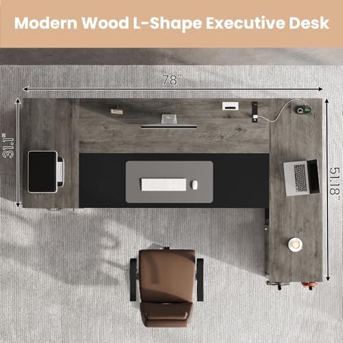 78" Executive Desk with Lockable File Cabinet, L Shaped Office Desk with Power Outlets, Large Executive Desk with Drawers and Storage Shelves , Reversible Computer Desk with Privacy Screen, Grey - Image 2