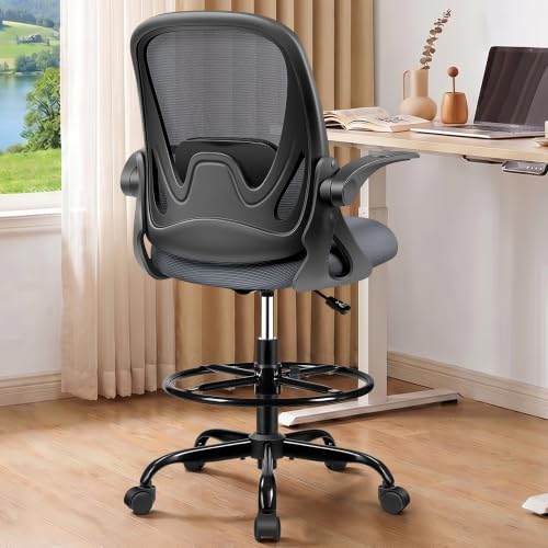 Drafting Chair Tall Office Chair with Flip-up Armrests, Adjustable Height, Enhanced Lumbar Support Ergonomic Rolling Stool, Back Support, Adjustable Foot Rest Ring for Standing Desk Dark Gray - Image 2