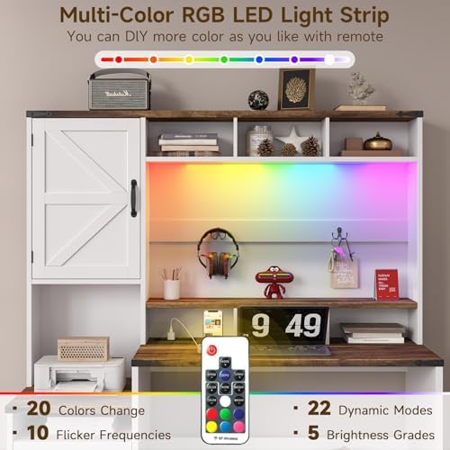 Vabches 51" Executive Desk Farmhouse Home Office Desk with Charging Station, LED Light, File Drawer, Storage Cabinet, Monitor Stand, Wood Computer Desk with Hutch for Work Study Writing (White) - Image 4