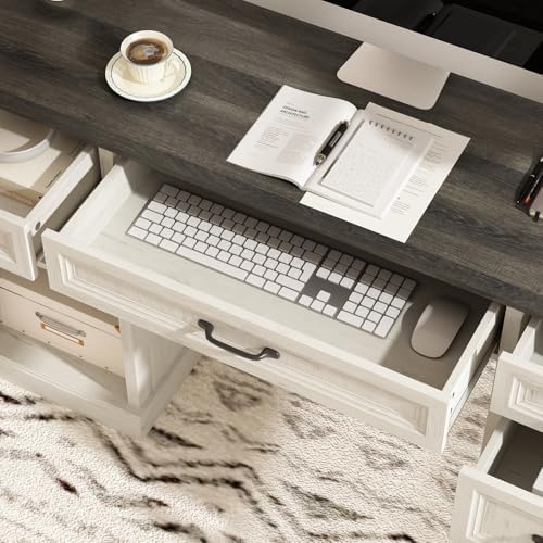 CARPETNAL 58'' Farmhouse Executive Desk with Drawers, Home Office Desk with File Drawer and Storage Cabinet, Rustic Computer Desk for Working, Studying, Writing, White - Image 6