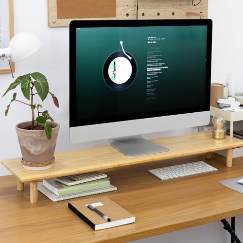 Bamboo Dual Monitor Stand Riser, Natural Desk Shelf with Storage by Rocdeer