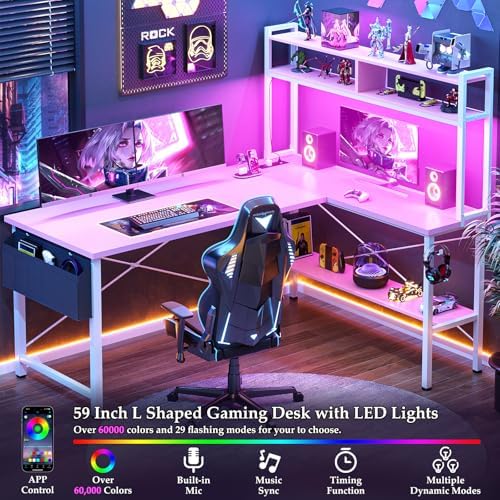 Aheaplus 59" L Shaped Desk Gaming Desk with LED Light & Power Outlet, Pink - Image 5