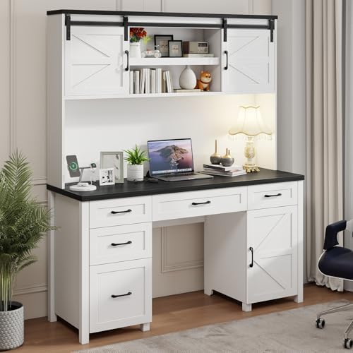 Vabches Farmhouse 67" H Executive Desk with Hutch & 5 Drawers,Black by Vabches