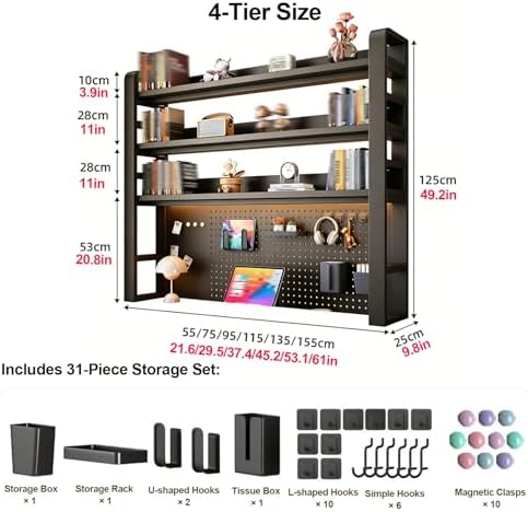 2/3/4 Tier Desktop Bookshelf with Pegboard and Storage Parts, Metal Desktop Organizer Hutch, Desk Shelves for Top of Desk, Shelf Organizer Display Rack for Dorm Home(Black,4-Tier L53.1in) - Image 2