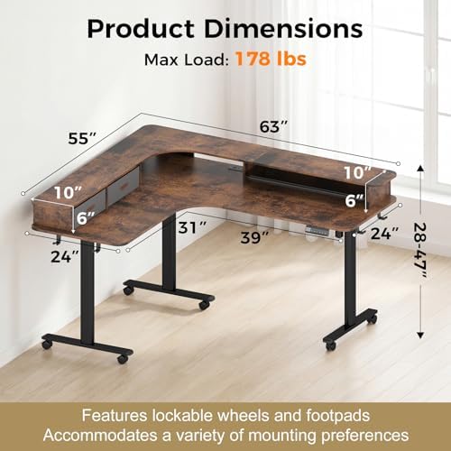 2-Tier L Shaped Electric Standing Desk with Drawers, 63 x 55 Height Adjustable Desk with Memory Controller, Storage, Corner Desk Sit Stand up Computer Table for Home Office,Rustic Brown - Image 3