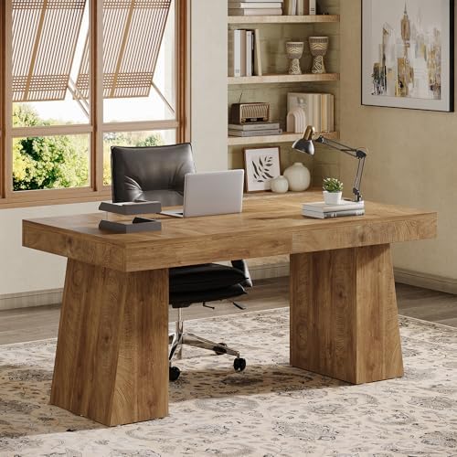 Tribesigns 55" Executive Desk, Wooden Office Desk with Double Pedestal, Modern Simple Computer Writing Table for Home Office, Light Brown - Image 4