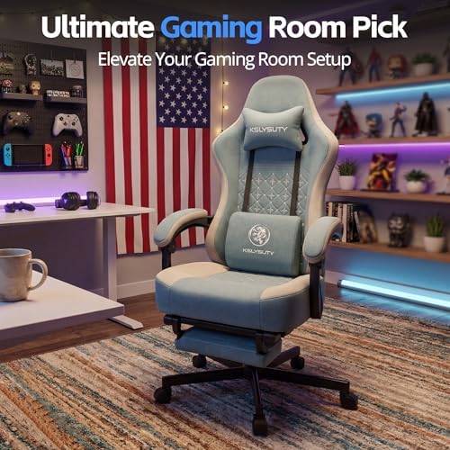 Desk Computer Gaming Chair - Ergonomic Game Office Chair with Extended Footrest and Massage Lumbar Support, Home Gamer Video Game Chairs with Spring Cushion for Adults (Pro Blue Fabric) - Image 3