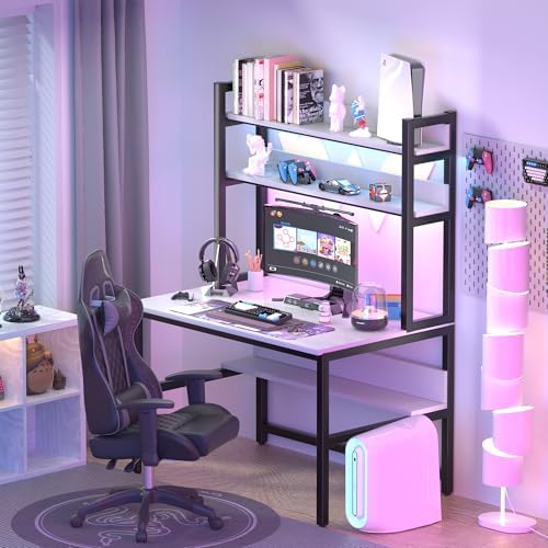 Aquzee Computer Desk with Shelves, 47" W x 23.6" D Gaming Desk with Hutch and Bookshelf, White Study Table for Bedroom Space Saving with 3 Tier Storage Shelf, Home Office Desk for Writing Work - Image 3